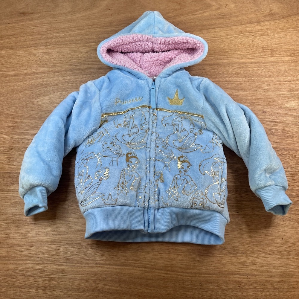Disney Princess Hooded Plush Jacket Sherpa Lined Blue Girls 4T Zip Hoodie